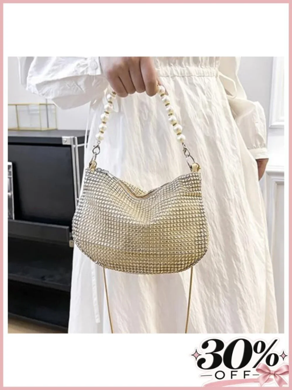 Rhinestone Pearl Evening Bucket Bag Crossbody Shoulder Purse